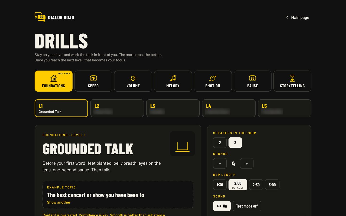 The Drills screen: the 7 elements, with Level 1 of Foundations open