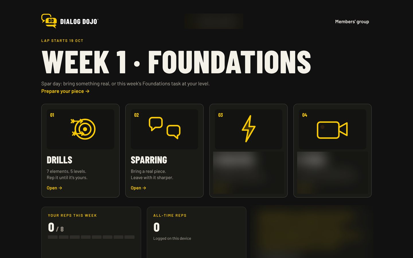 The tools' main page: Week 1, Foundations, with Drills and Sparring